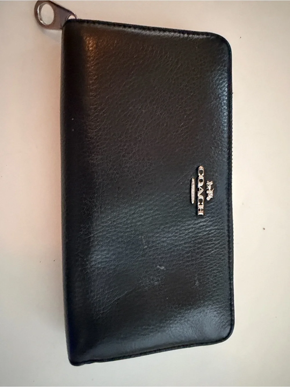 Coach Black Leather Zip Wallet with Silver Logo